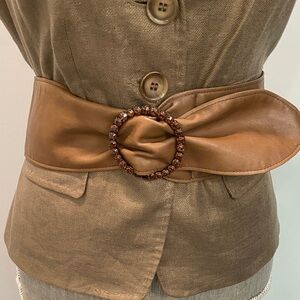 Brown Faux Leather Belt with Beaded Buckle Waist Cinch Size M/L
